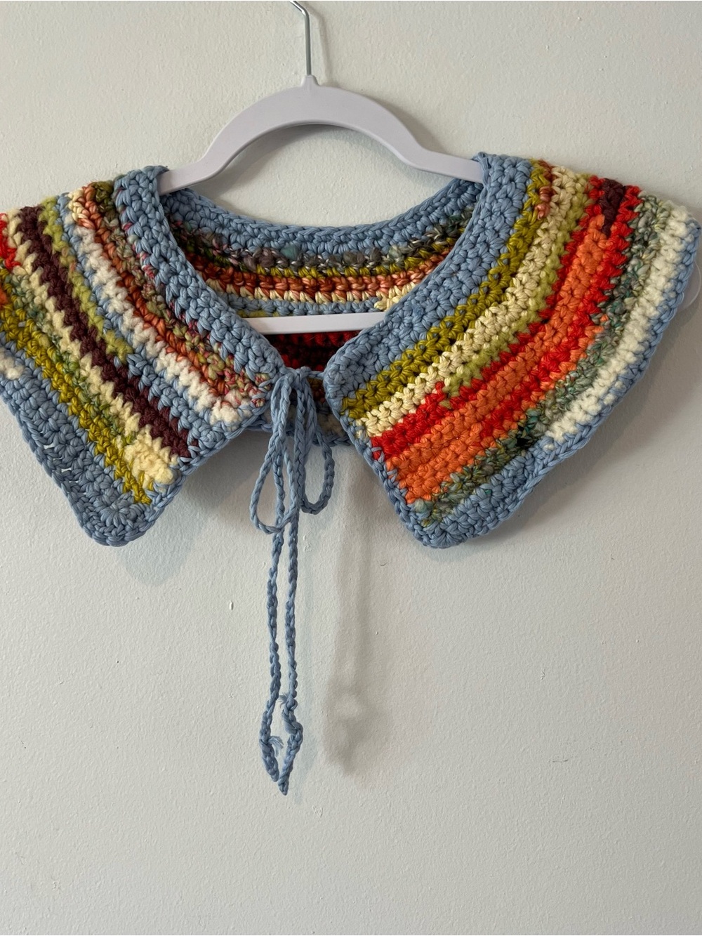 Handmade Crochet Multicolor Collar Scarf with Blue Trim Women’s Handcrafted